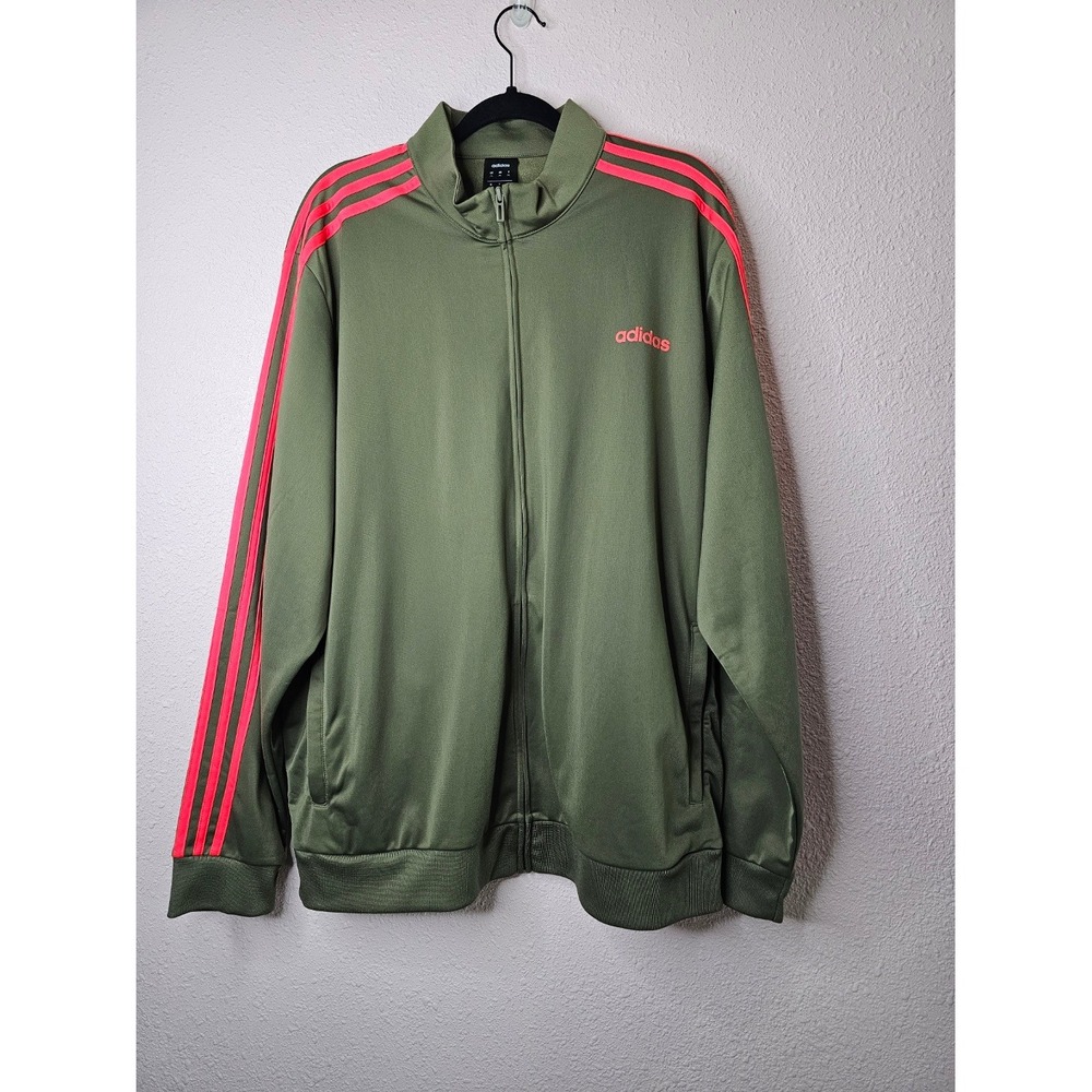 Adidas Mens 2XL Track Jacket Olive Green Neon Pink Stripes Full Zip Zip Pockets